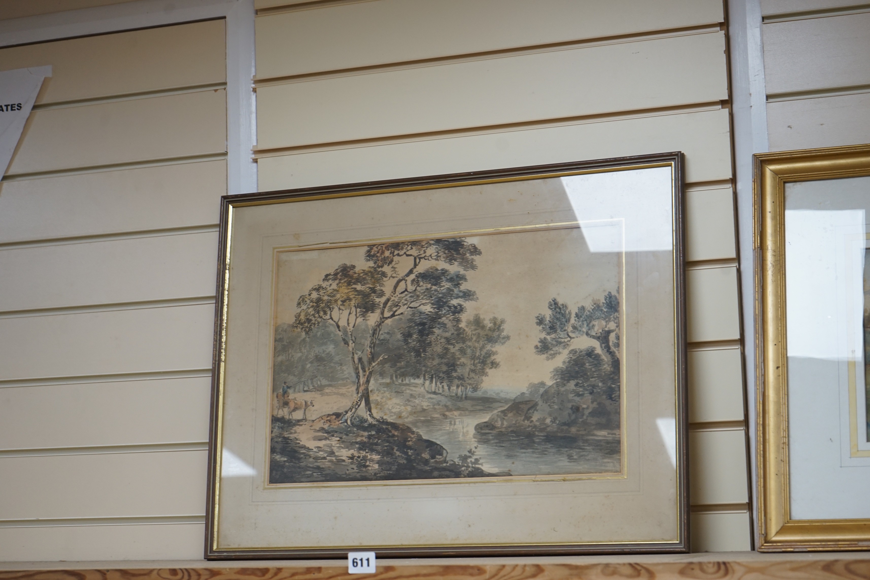 Attributed to John Laporte (1761-1839), watercolour, Cattle drover beside a river, label verso, 31 x 47cm